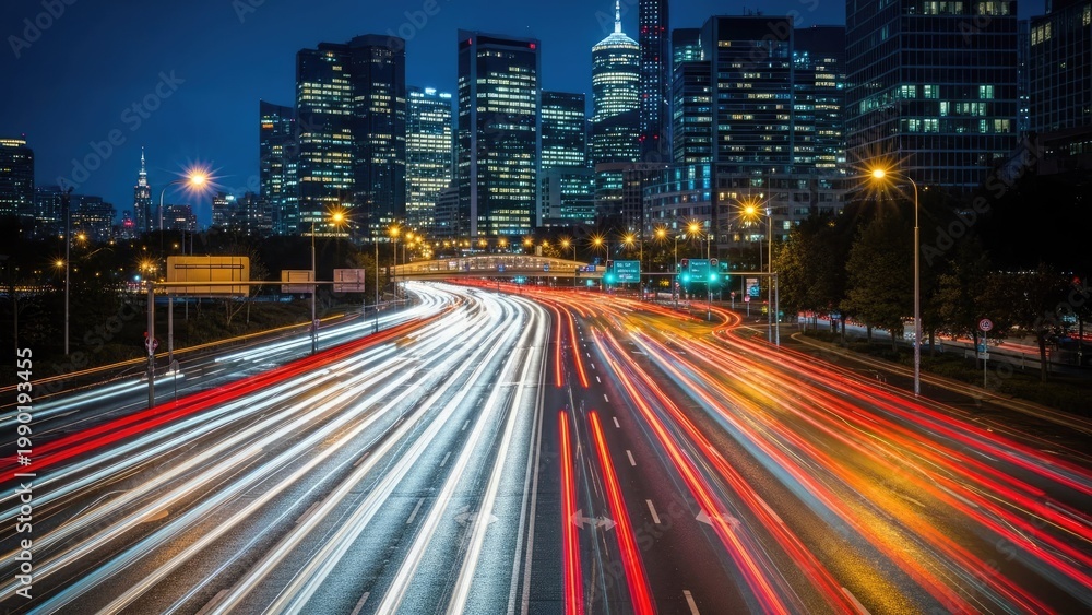 Obraz premium A bustling city highway at night with vibrant light trails and skyscrapers
