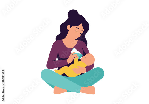 Photos Flat Vector Illustration of a Young Mother Sitting Cross-legged and Bottle-Feedi