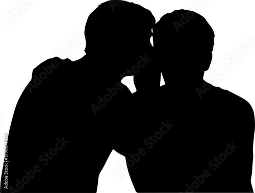 Silhouette of Two People Whispering and Sharing a Secret Isolated on White Background