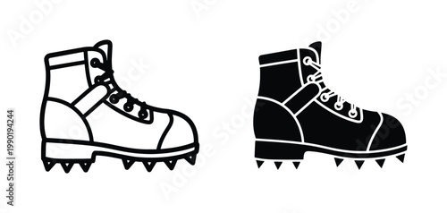 Mountaineering boots with crampons vector icons, hiking footwear with ice spikes, black and white climbing boot set for outdoor adventure
