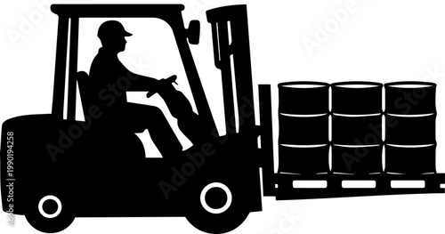 Black silhouette of a forklift driver transporting industrial barrels on a pallet for warehouse logistics and cargo shipping vector graphic