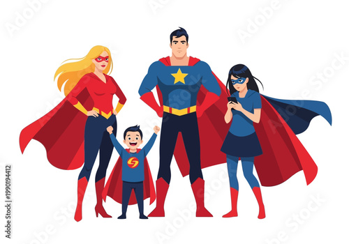 Superhero Family Vector Illustration with Parents, Happy Son, and Teenage Daughter Distracted by Smartphone - Comic Style Characters on White Background
