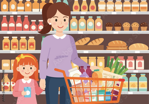 Happy Mother and Daughter Shopping for Groceries in Supermarket with Full Cart, Flat Vector Illustration of Family Retail Experience