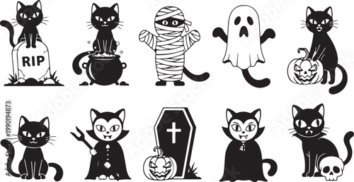 Halloween cat icons, black cats, spooky symbols, vector illustrations isolated on Transparent Background