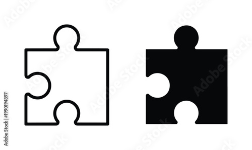 Minimalist puzzle piece icons, black outline and solid silhouette jigsaw elements, conceptual vector symbols for business strategy and problem solving