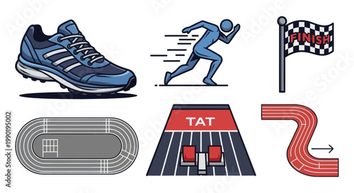Running Track Icons Set: Shoe, Runner, Finish Line, Track, Starting Blocks, Race Course