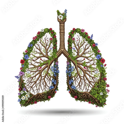 Symbolic representation of healthy lungs adorned with vibrant green foliage and blooming flowers, symbolizing nature's vital role in respiratory well-being and a clean environment
