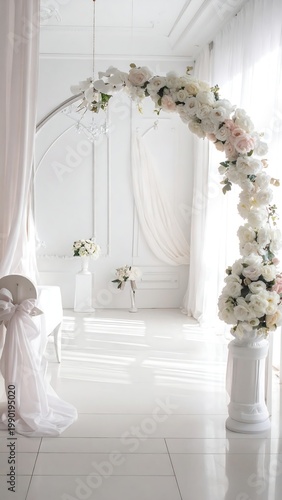 Elegant white wedding arch adorned with flowers