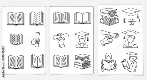 Education Icons: Books, Graduation Caps, Diplomas, Students Reading