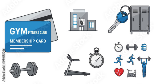 Gym Membership Card and Fitness Icons Collection Vector Illustration