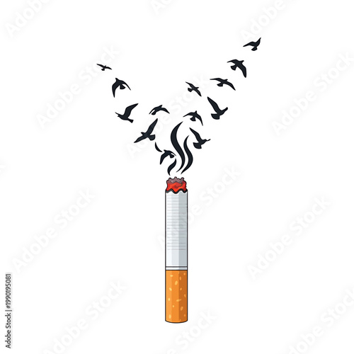 A cigarette burning, with smoke forming into a flock of birds taking flight, symbolizing freedom and escape from addiction