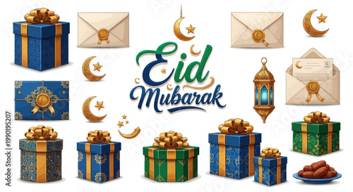 Eid Mubarak Gifts, Lantern, Moon & Stars Islamic Holiday Celebration Elements