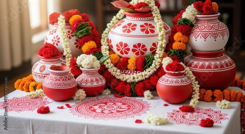 Traditional Indian Wedding Pots Decorated with Marigold Garlands and Red Patterns