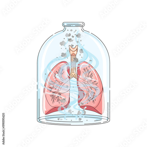 Illustration of human lungs encased in a glass dome, depicting polluted air and health concerns related to respiratory system