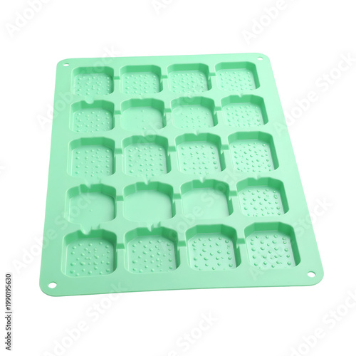Green Silicone Mold for Ice Cubes or Chocolate with Raised Dots and Square Cavities, Top View, Transparent Background