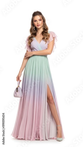 A young woman in a pastel-colored dress with a slit, posing with a purse