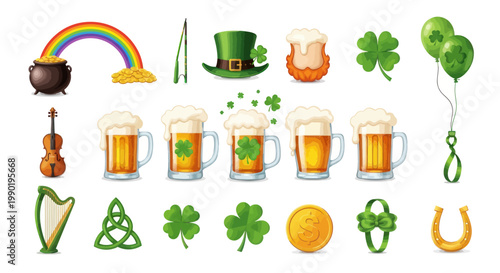 St. Patrick's Day Icons Collection: Beer, Rainbow, Clover, Harp, Horseshoe, Pot of Gold