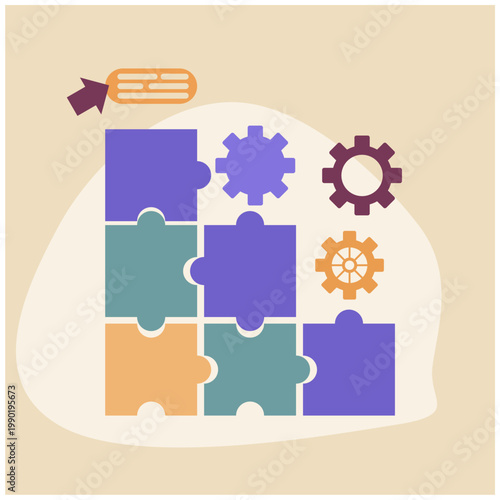 Puzzle and Gears Vector Illustration for Business Solution and Strategy Concept