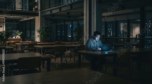 coding bootcamp screen night session concept. Man working late alone on laptop in a dark, empty modern office space
