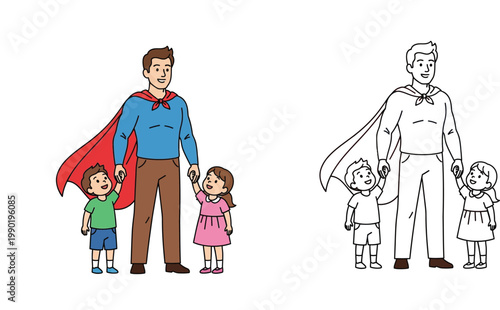 Superhero Father with Son and Daughter Vector Illustration and Coloring Page for Father's Day - Set of Colored and Line Art Outline Drawing of Dad as Hero with Kids