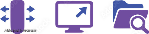 Purple Technology and Office Icons Set Vertical Scroll Computer Monitor and Search Folder Vector Illustration
