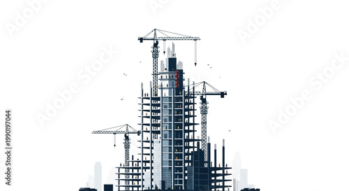 Modern Skyscrapers Under Construction with Cranes, Urban Development, Architectural Project