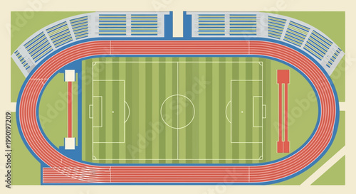 Top View Sports Stadium with Running Track and Soccer Field