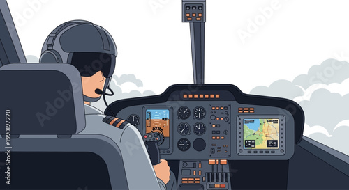 Pilot in cockpit flying helicopter, close-up view of dashboard and navigation screen.
