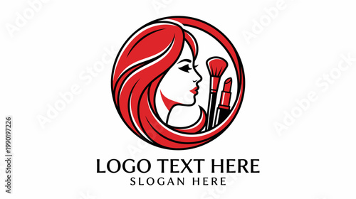 A stylish circular logo featuring a woman's profile with flowing red hair alongside a makeup brush and lipstick, symbolizing beauty and cosmetics.