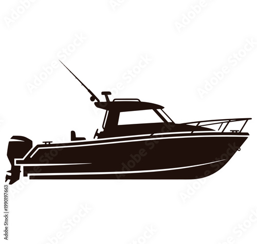 black silhouette of a fishing boat with a fishing rod on the side  profile view