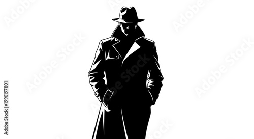 Mysterious Man in Trench Coat and Fedora, Detective Silhouette Illustration in Film Noir Style