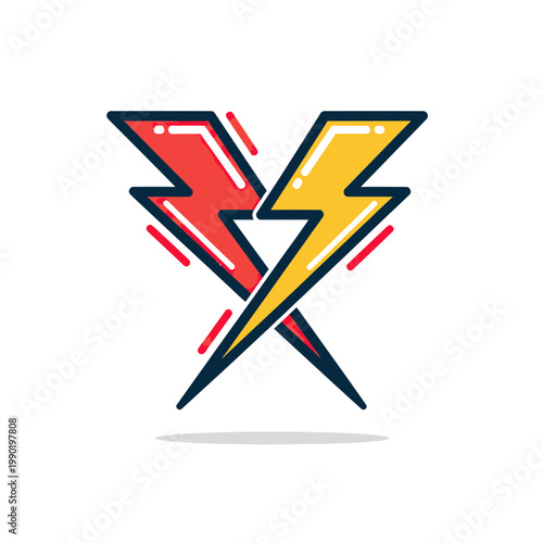 Crossed Red and Yellow Lightning Bolt Vector Illustration, Versus Concept Icon for Sports, Gaming, and Competition, Flash Power Symbol