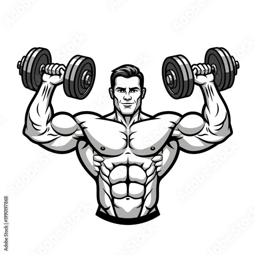 Strong Muscular Bodybuilder Man Lifting Heavy Dumbbells Overhead Press Exercise Vector Illustration