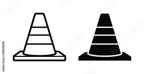 Traffic cone vector icons set, black and white construction pylon symbols, road safety warning sign elements for infrastructure and maintenance projects
