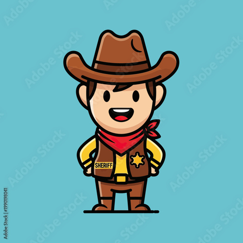 Cute Cartoon Chibi Sheriff Character Illustration - Kawaii Cowboy Boy with Wild West Badge and Hat