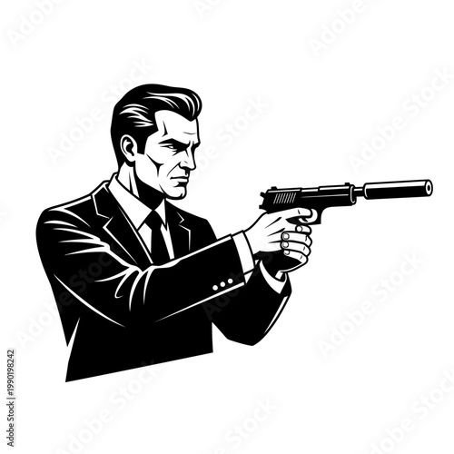 Professional Secret Agent in Suit Aiming Silenced Pistol Handgun Vector Illustration