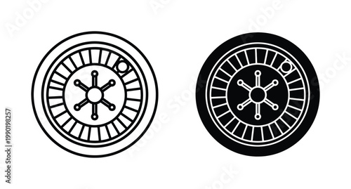 Casino roulette wheel icons, gambling game symbols in outline and solid black styles, betting equipment vector set for gaming apps