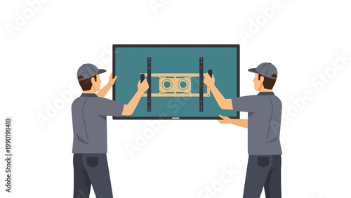 Technicians installing wall mounted television in modern flat design