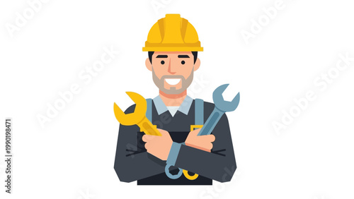 Smiling construction worker holding wrenches with hard hat icon