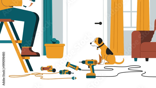 Home renovation scene with tools and curious dog in modern flat design