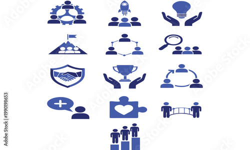 A collection of blue vector icons depicting business concepts such as teamwork innovation success and leadership high quality professional detailed modern elegant stylish clean crisp vibrant