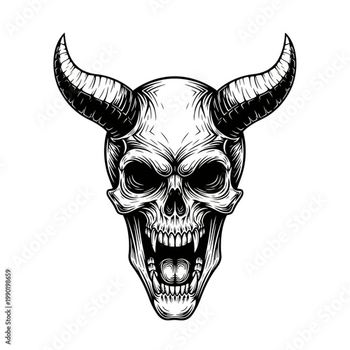 Horned Demon Skull with Open Mouth and Fangs, Vector Illustration of Aggressive Devil Head for Tattoo or Heavy Metal Art
