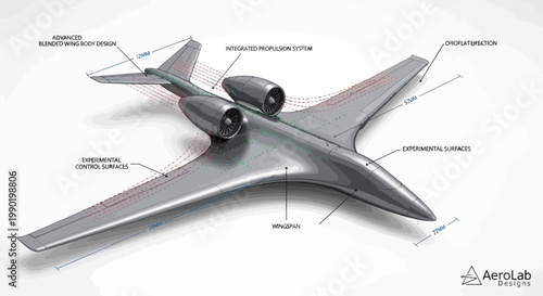Futuristic blended wing body aircraft design concept; advanced aerodynamic research jet illustration for innovative transportation solutions