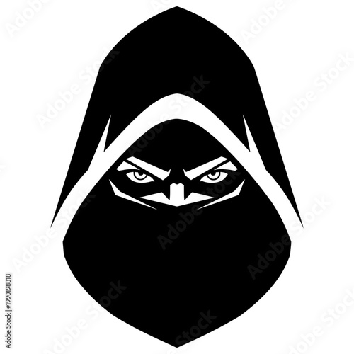 Hooded Assassin Ninja Mascot Vector Illustration Silhouette Profile with Intense Eyes and Face Mask