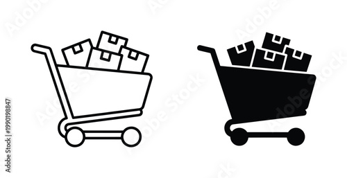 Foto Shopping cart icon set with cardboard boxes, retail delivery trolley vector illu