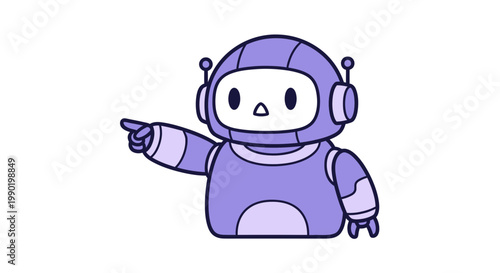 Cute Cartoon Robot Character Pointing Finger to the Left, Kawaii AI Assistant Mascot Vector Illustration