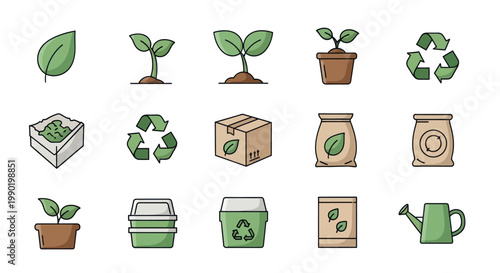 Gardening Icons: Plant Growth, Recycling, and Seed Packaging Set