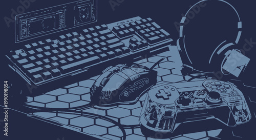 Gaming setup featuring keyboard mouse gamepad and headset on a hexagon patterned pad in a monochrome style for esports