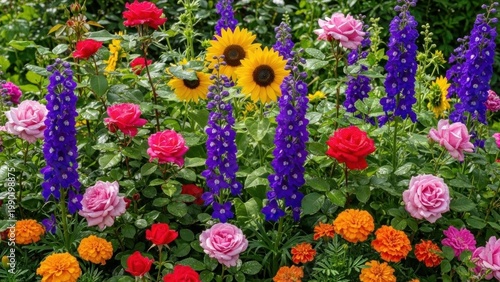 A vibrant mix of colorful flowers densely planted in a lush garden setting