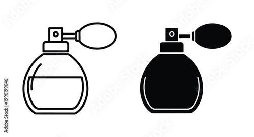 Vintage perfume bottle icons with atomizer pump, elegant fragrance spray vector set, black outline and silhouette beauty product symbols